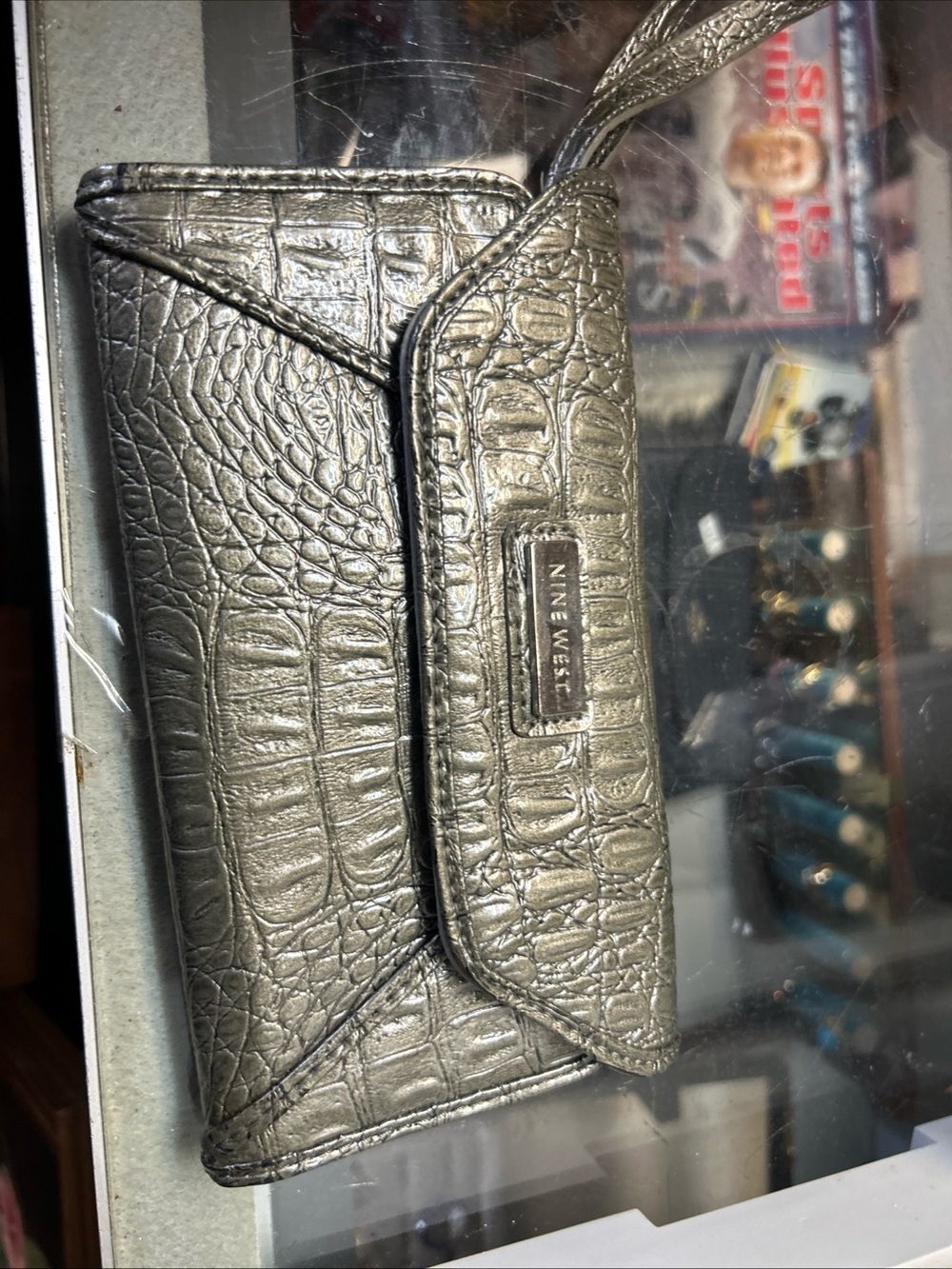 Nine West Metallic Croc-Embossed Wristlet in Silver